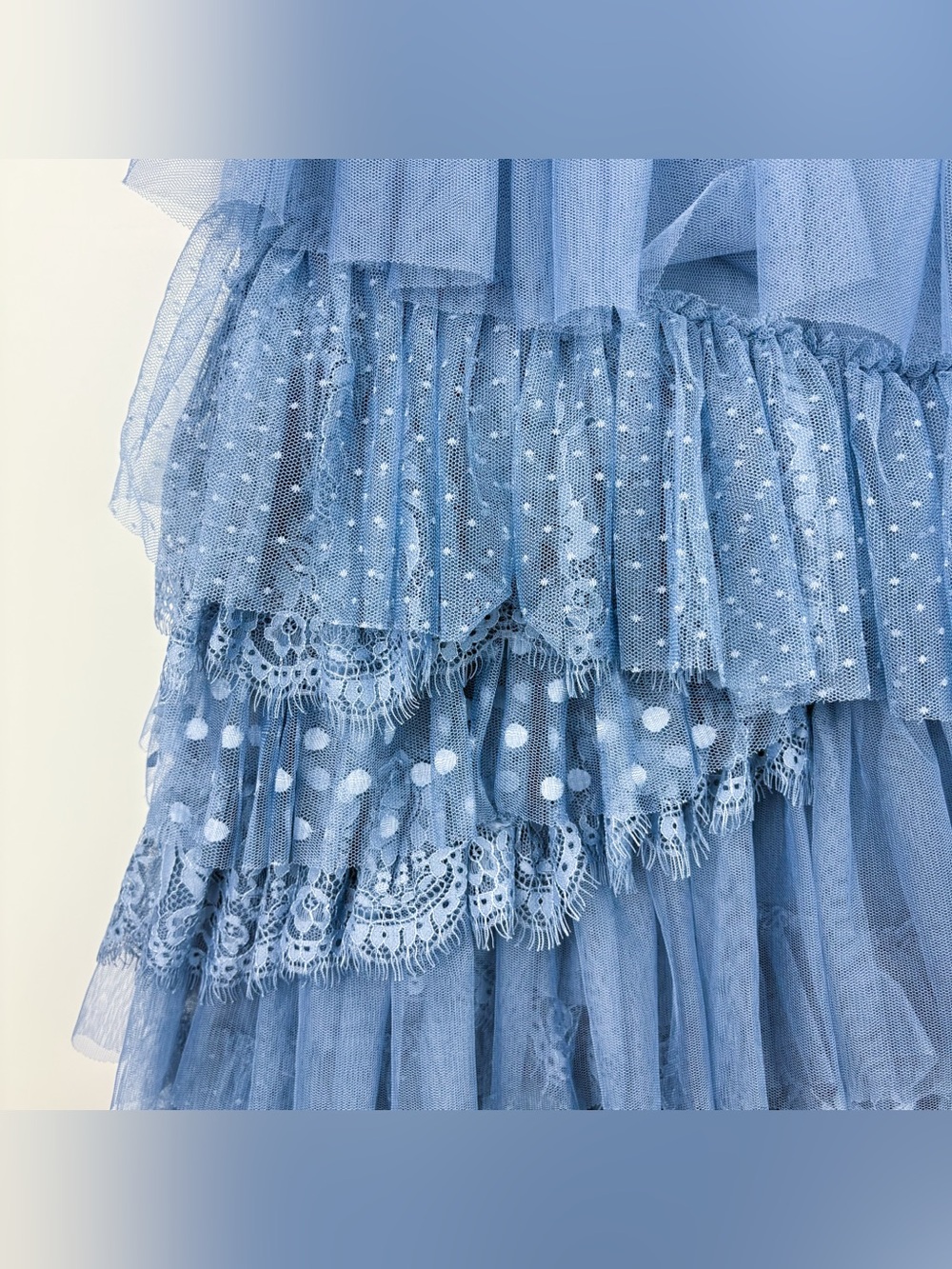 Anthropologie Ruffled Tulle Midi Skirt Blue Polka Dot Lace Layered Small - Picture 3 of 7